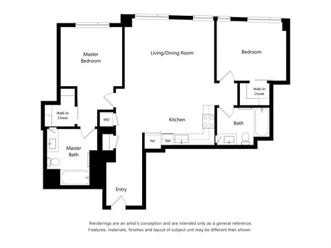 Floor plan for 2 beds, 2 baths, 1090 sqft